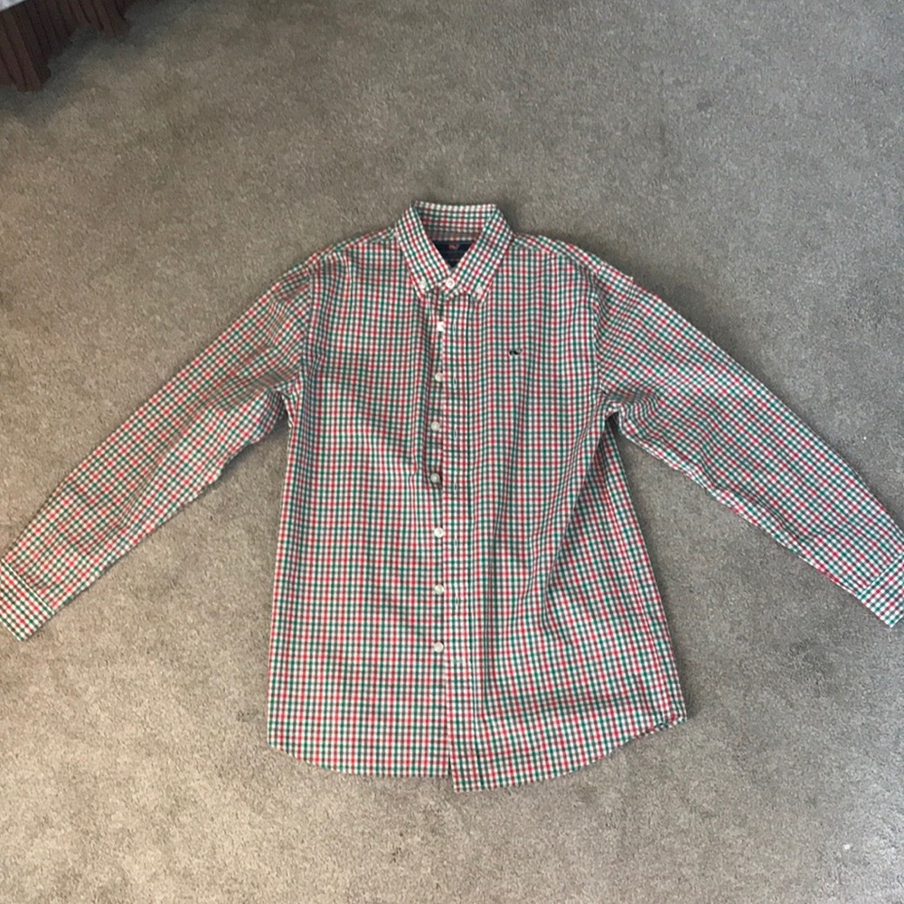 vineyard vines red and green plaid shirt